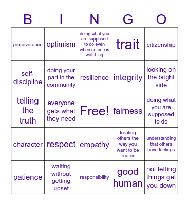 Character Traits Bingo Card