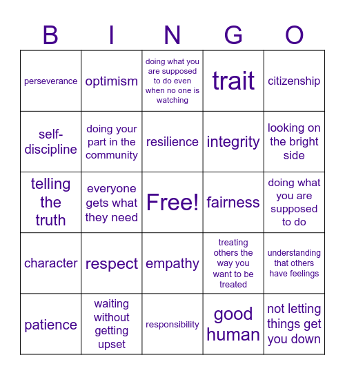 Character Traits Bingo Card