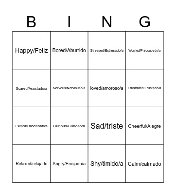 Feelings and Emotions Bingo Card
