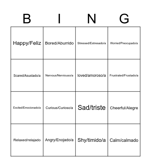 Feelings and Emotions Bingo Card