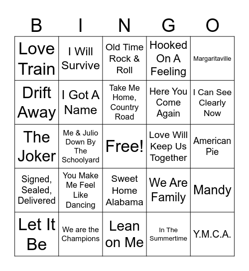 70's Hits Bingo Card
