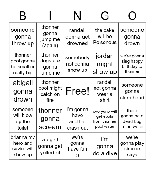 thonner pool party Possibilities Bingo Card