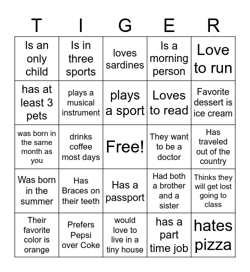Freshmen Orientation Bingo Card