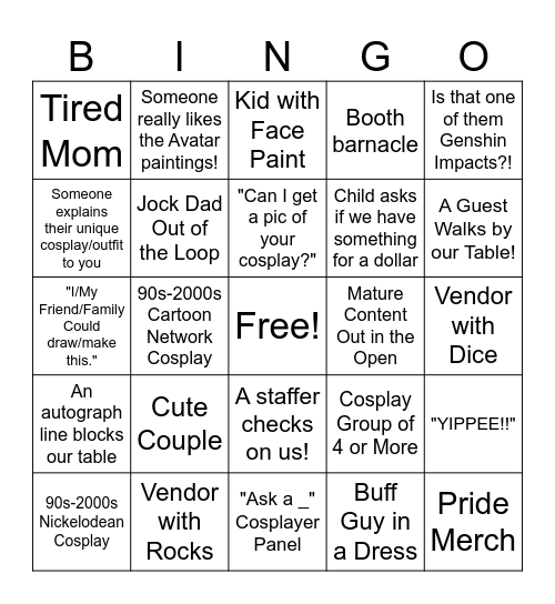 Artist Alley Bingo Card