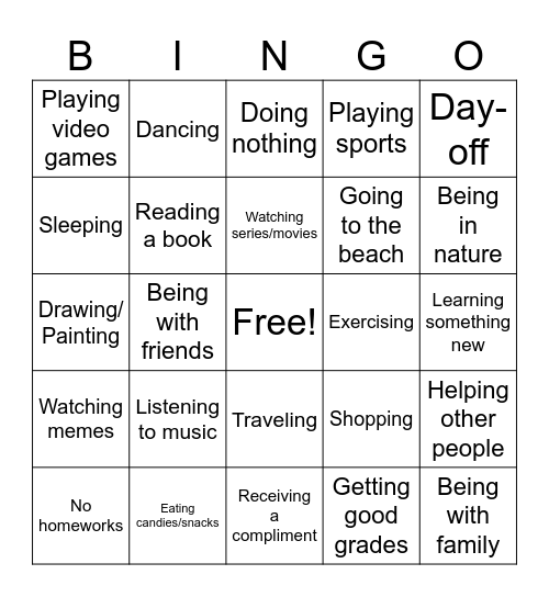Does _____ make you feel happy? Bingo Card