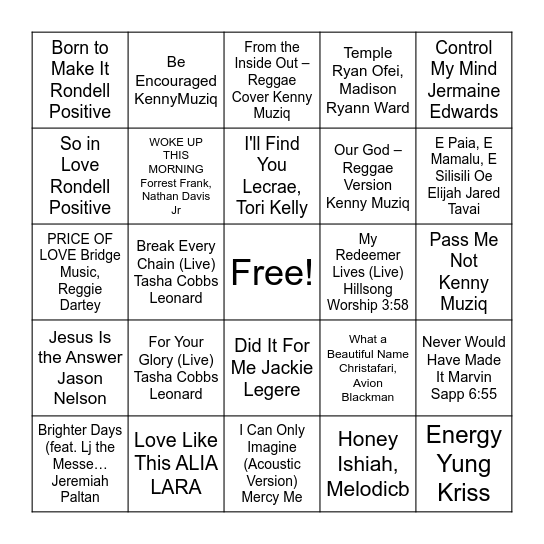 Praise and Worship Bingo Card