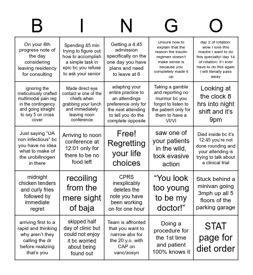 Intern year bingo Card