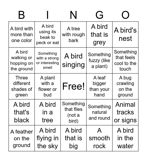 Bird and Nature Bingo Card