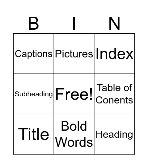 Nonfiction Text Features Bingo Card