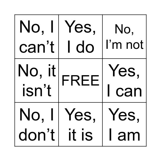 Short Answers Bingo Card