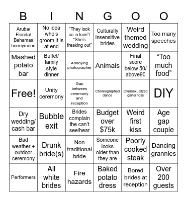 4 Weddings Bingo Card