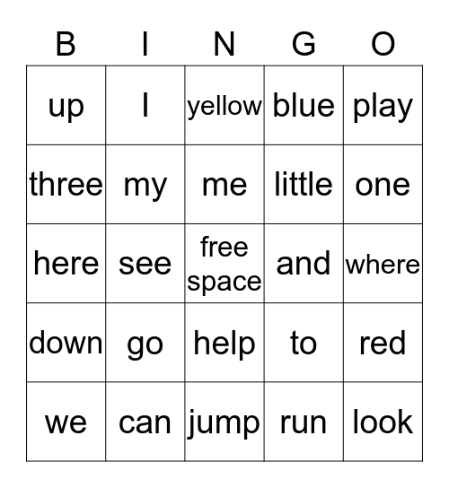 Sight word Bingo Card