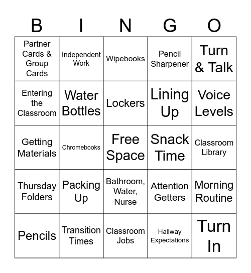 Routines & Procedures Bingo Card
