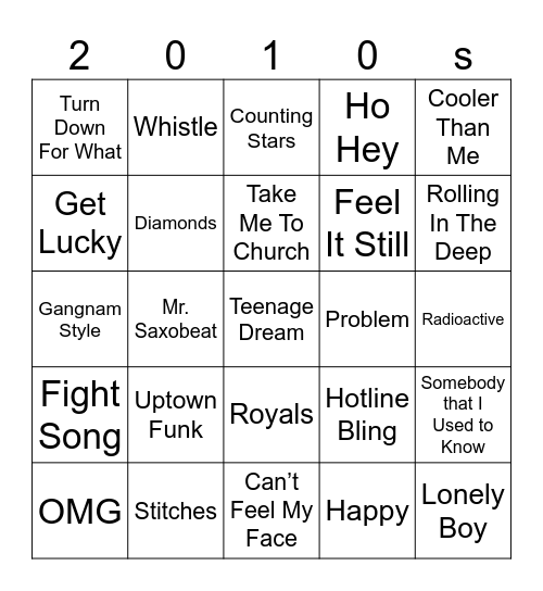 2010s 2025 Bingo Card
