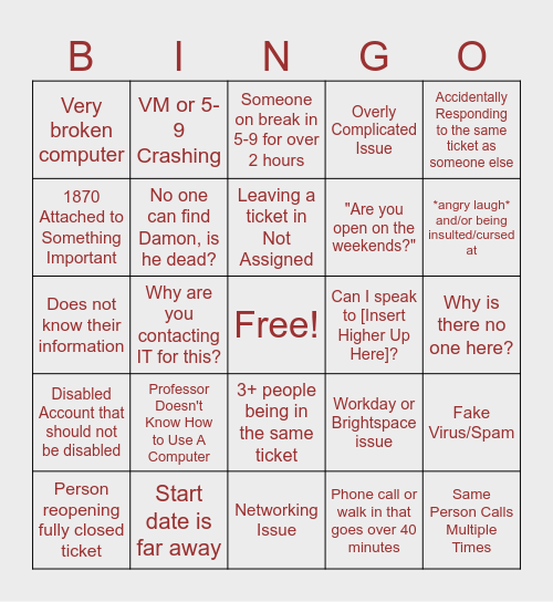 IT Service Desk Bingo Card