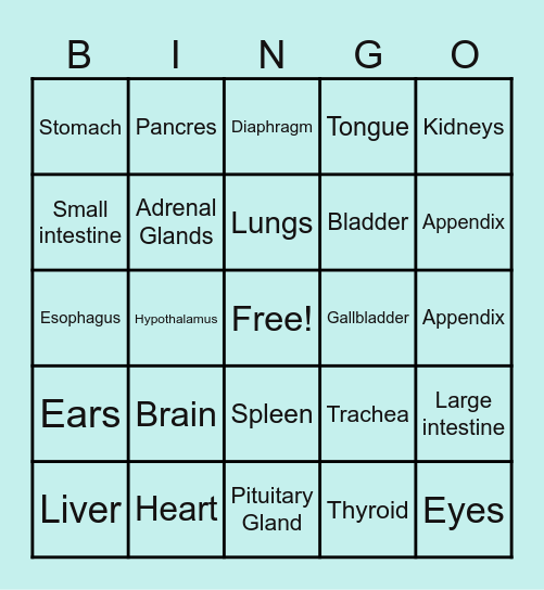 Organ Bingo Card