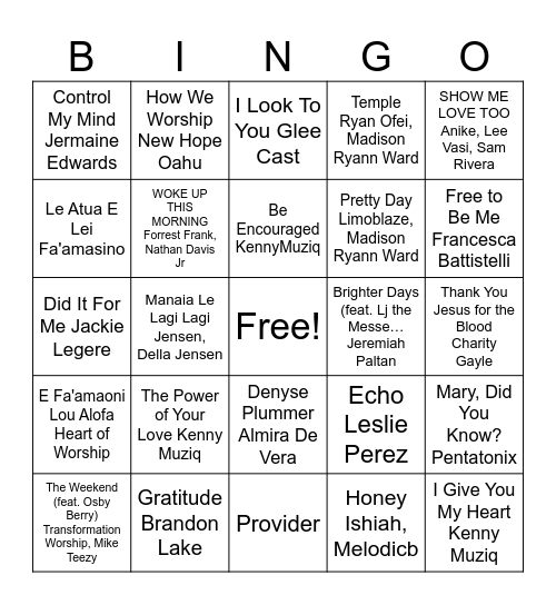 Praise and Worship Bingo Card