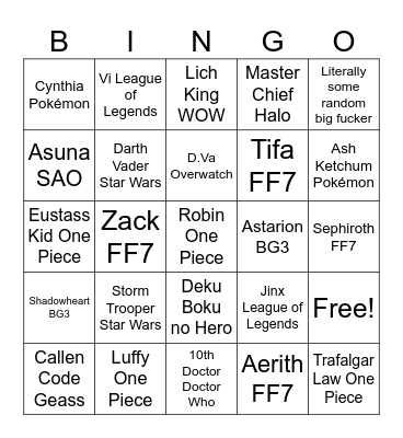 Comic Con Cosplay Bingo Card