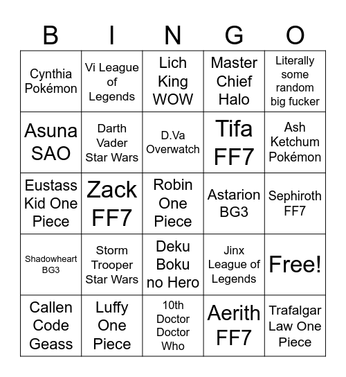 Comic Con Cosplay Bingo Card