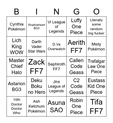 Comic Con Cosplay Bingo Card