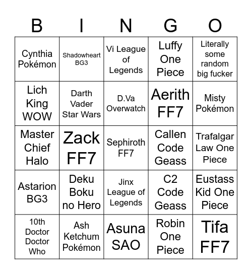 Comic Con Cosplay Bingo Card