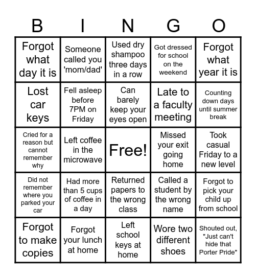 PORTER MS Bingo Card