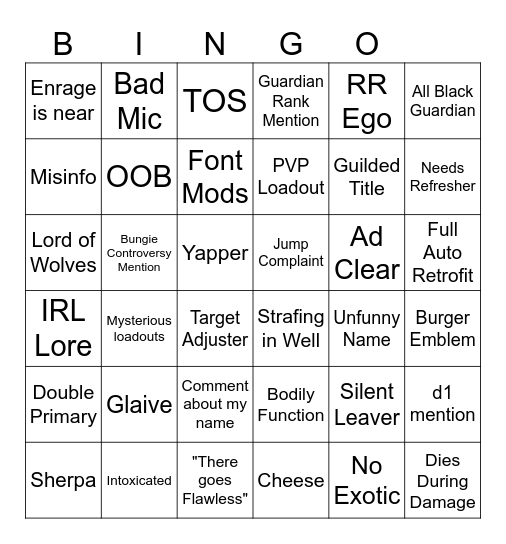 LFG Bingo Card