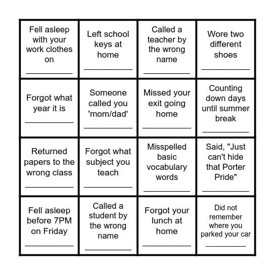 PORTER MS Bingo Card