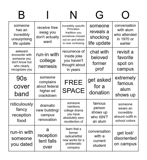 Jamie's Reunion Bingo Card