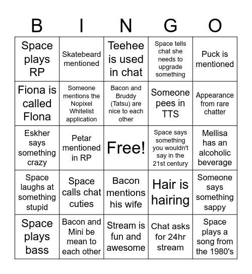 Spaceplumbs Stream Bingo Card