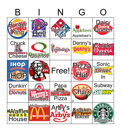 American Fast Food Bingo Card