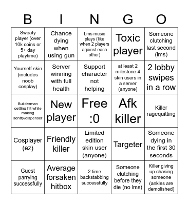 Forsaken Bingo Card
