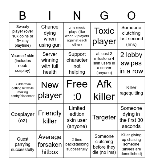 Forsaken Bingo Card