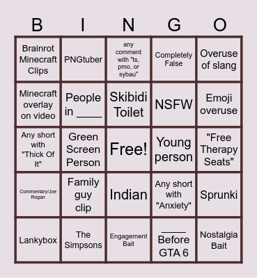 Youtube Shorts Bingo Card