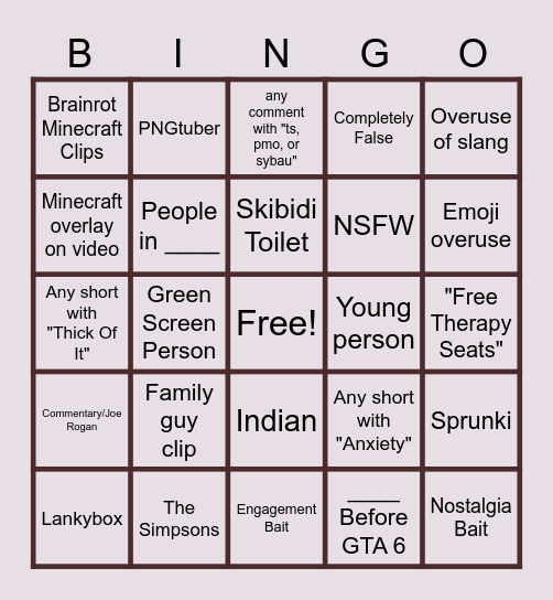 Youtube Shorts Bingo Card