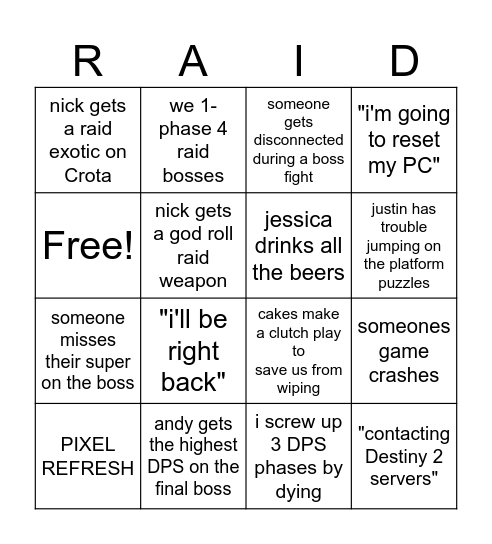 nnycs raid-a-thon Bingo Card