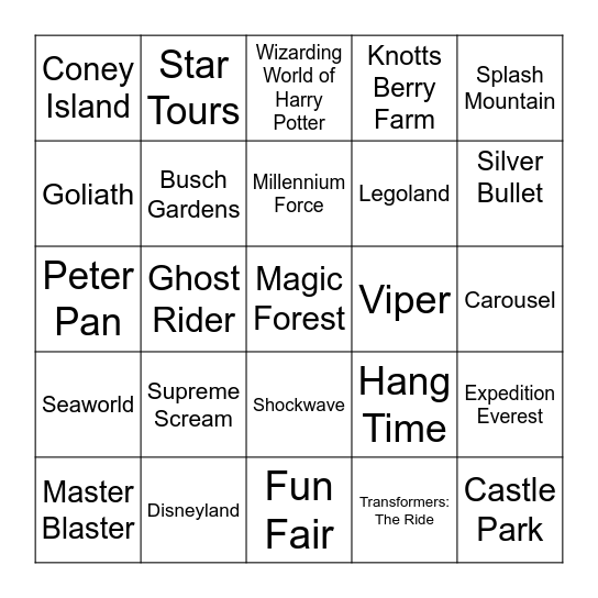 Theme Parks Bingo Card