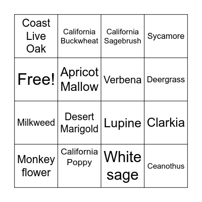 California Native Plants Bingo Card