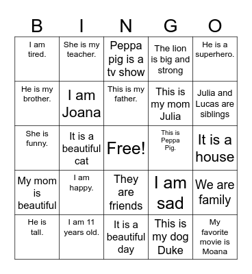Bella and Benjamim Bingo Card
