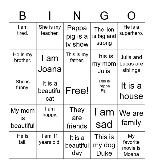 Bella and Benjamim Bingo Card