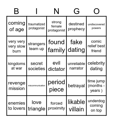 Book Trope Bingo Card