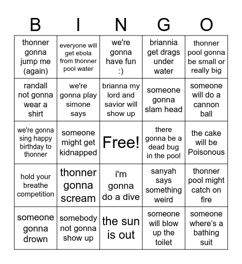 thonner birthday party possibilities Bingo Card