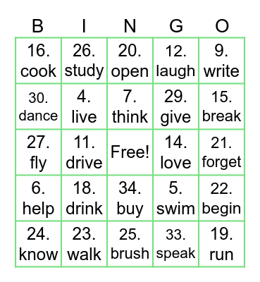 VERBS Bingo Card