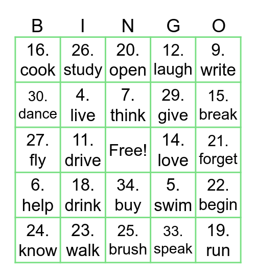 VERBS Bingo Card