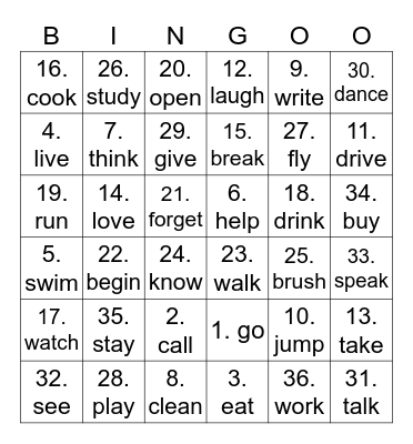 VERBS Bingo Card