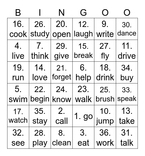 VERBS Bingo Card