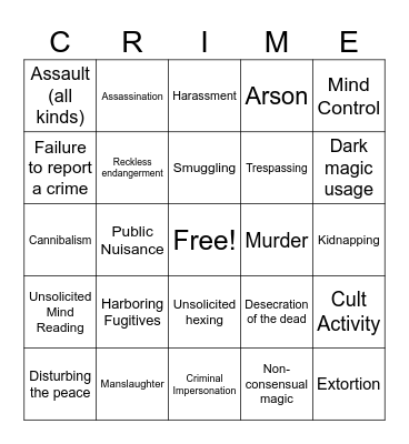 Misstivild Crime Bingo Card