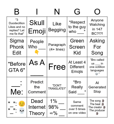 YT Shorts Comment Sections Bingo Card