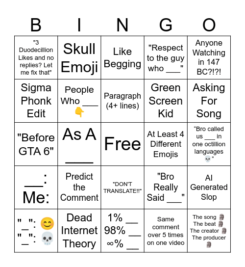 YT Shorts Comment Sections Bingo Card