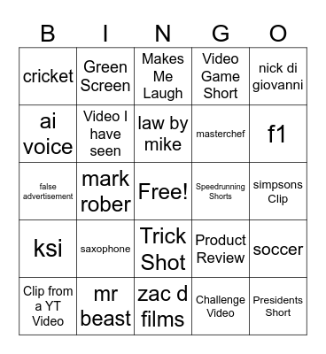YT Shorts Bingo Card